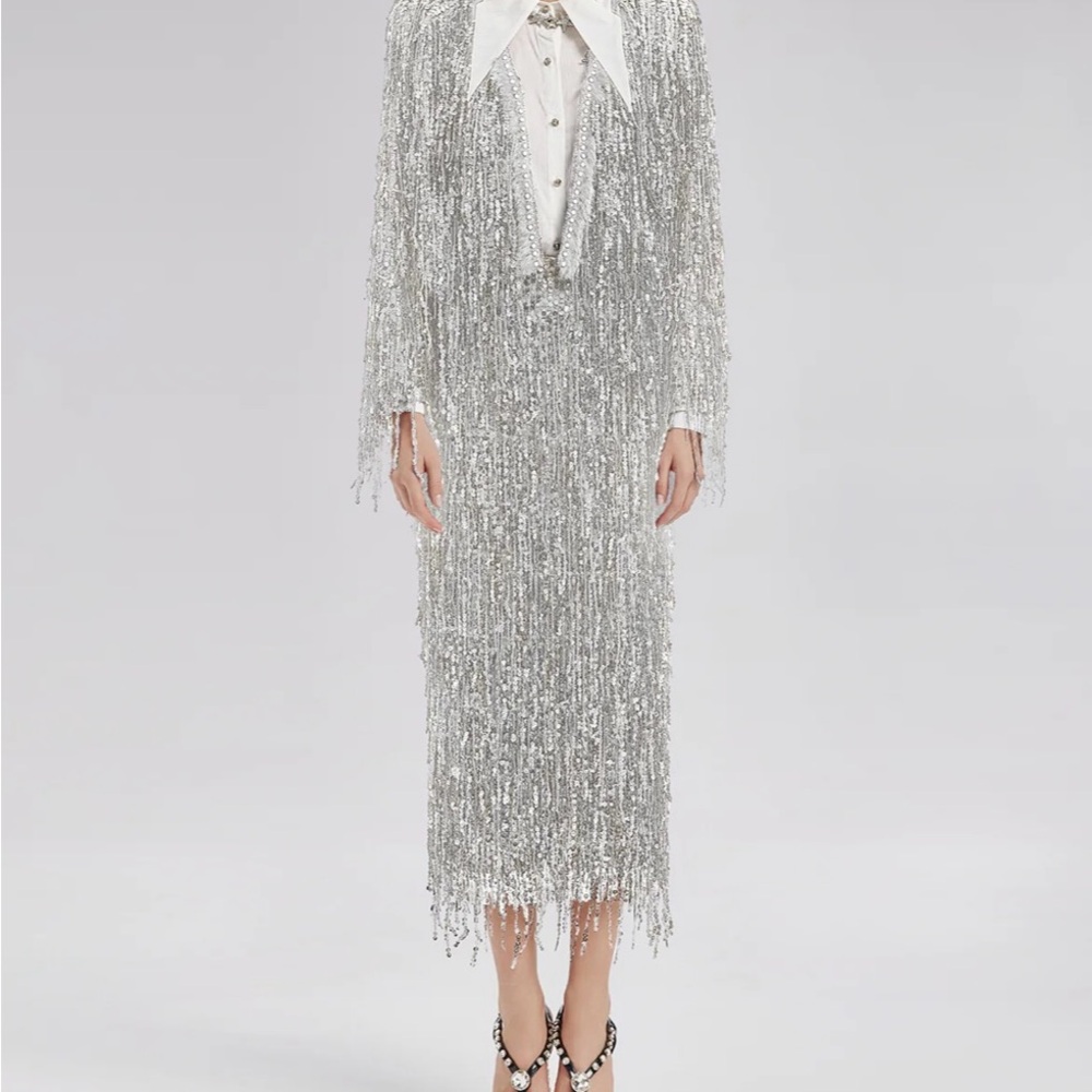 Silver Fringe Sequin Cropped Jacket